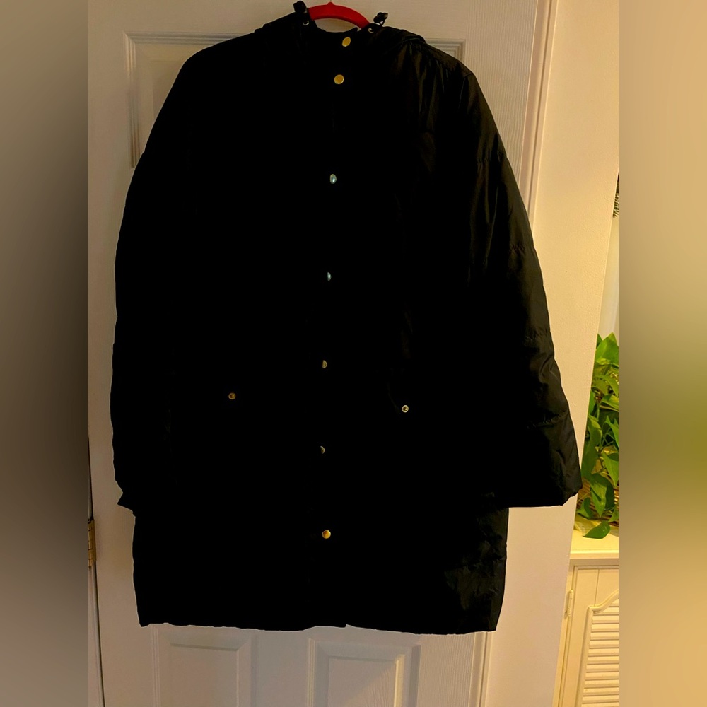 JCrew 2xl women's black, long, puffer coat. Gold details.